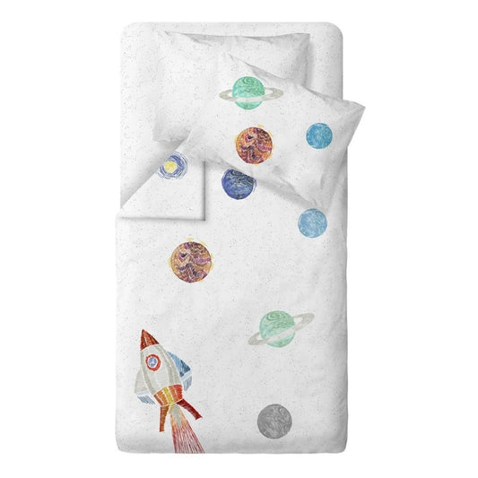 Space Planet White 100% Organik Pamuk Saten Bebek Nevresim Takımı
