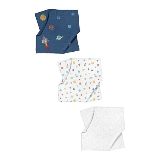 Space Planet Deckenset aus 100 % Bio-Baumwolle und Musselin (70 x 70 cm, 3-teilig)