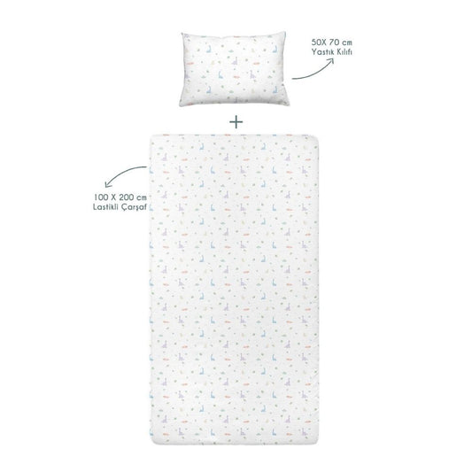 Dino Baby-Spannbettlaken-Set aus 100 % Baumwollsatin – 100 x 200 cm + 50 x 70 cm