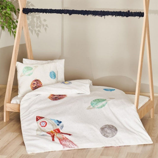 Space Planet Weiß 100 % Bio-Baumwoll-Satin Baby-Bettwäsche-Set