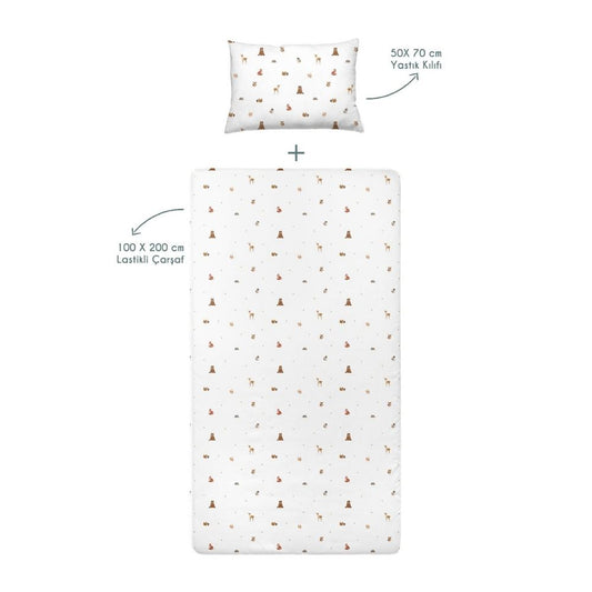 Forest Amigos Baby-Spannbettlaken-Set aus 100 % Baumwollsatin – 100 x 200 cm + 50 x 70 cm