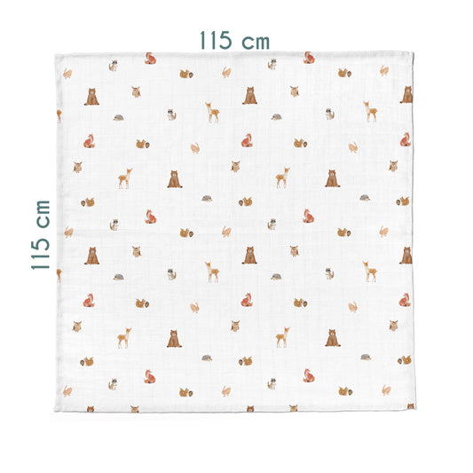 Forest Amigos Decke aus gewaschenem Musselin aus 100 % Bio-Baumwolle – 115 x 115 cm