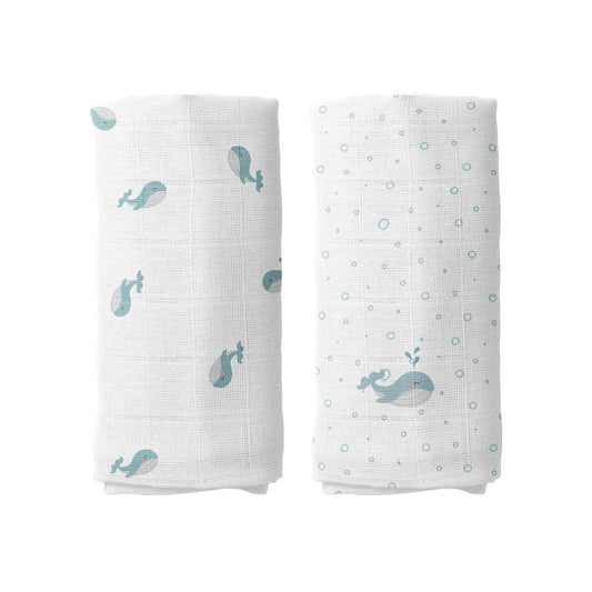 Aqua Nakışlı 100% Organik Pamuk Müslin Örtü Seti (90x90 cm 2'li)