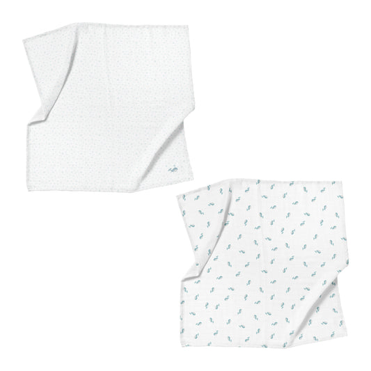 Aqua Embroidered 100% Organic Cotton Muslin Blanket Set (90x90 cm, 2-Piece)