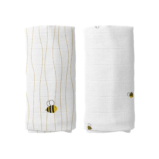 Happy Bee Nakışlı 100% Organik Pamuk Müslin Örtü Seti (90x90 cm 2'li)