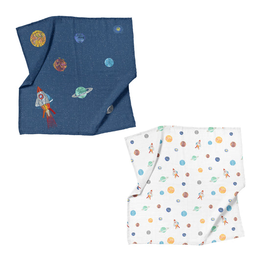 Space Planet 100% Bio-Baumwoll-Musselin-Deckenset (90x90 cm, 2-teilig)