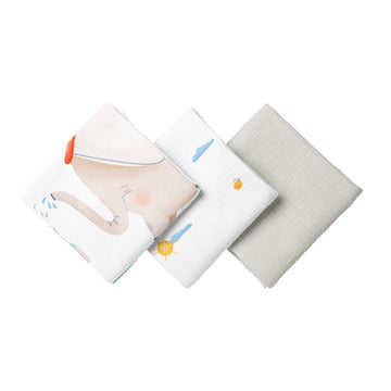 Oli %100 Organik Pamuk, Yıkanmış Müslin Örtü Seti (55x55 cm 3'lü)