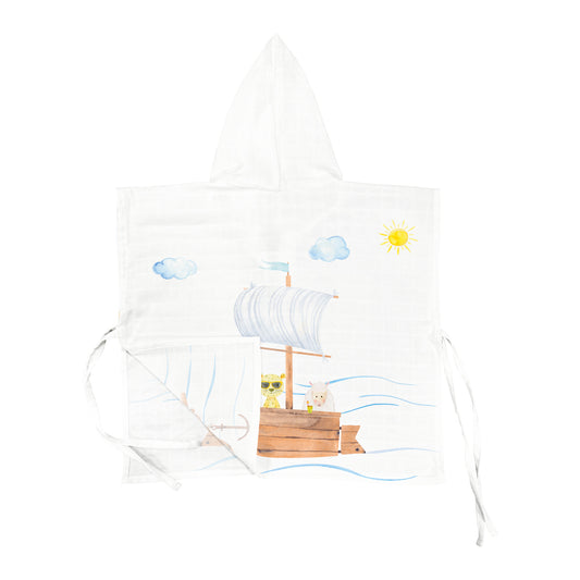Poncho aus 100 % Bio-Baumwoll-Musselin „Funny Ship“