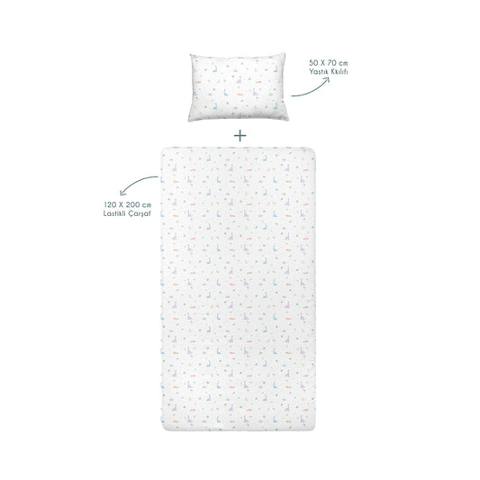 Dino Spannbettlaken-Set, 100 % Bio-Baumwolle, Satin, 120 x 200 cm + 50 x 70 cm
