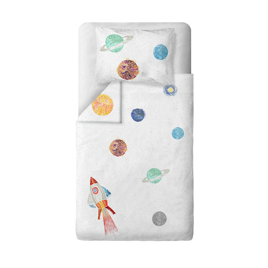 Space Planet White 100% Organik Pamuk Tek Kişilik Çocuk Nevresim Takımı