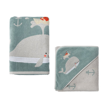 Handtuchset mit Walmuster-Stickerei – 70 x 140 cm + 80 x 80 cm