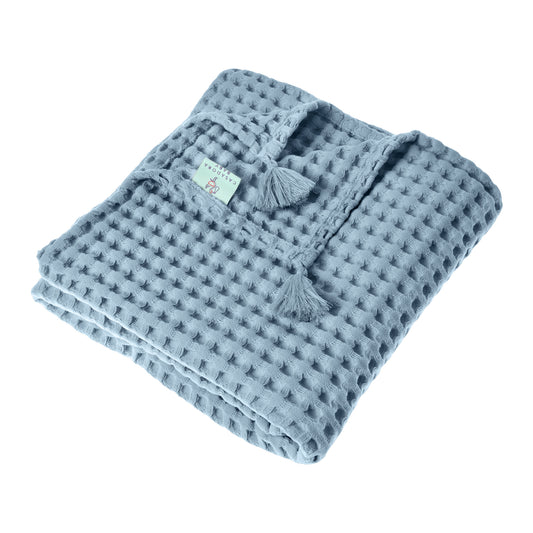100% Organik Pamuk Bebek Waffle Pike Örtü - Mavi - 90 x 120 cm