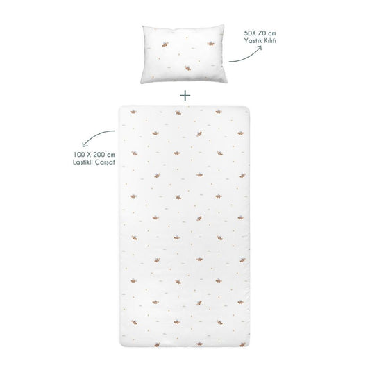 Happy Tony 100% Cotton Satin Baby Fitted Sheet Set - 100x200 cm + 50x70 cm