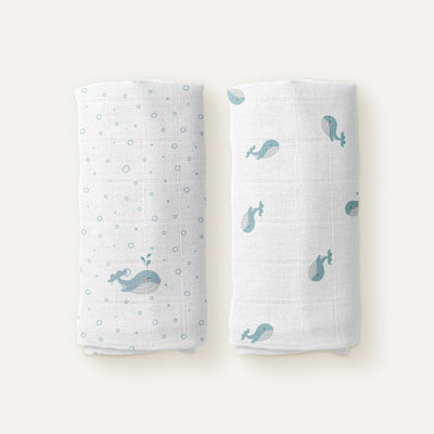 Aqua 100% Organic Cotton Embroidered Muslin Set of 2, 90 x 90 cm