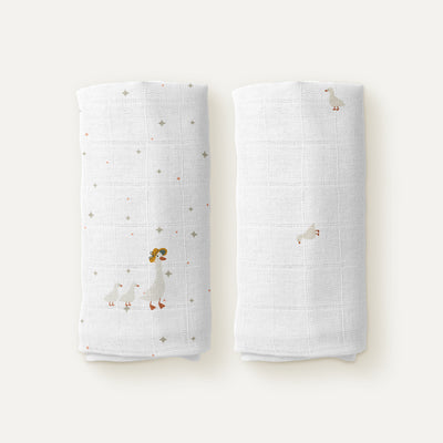 Feather 100% Organic Cotton Embroidered Muslin Blanket Set 90 x 90 cm