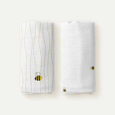 Happy Bee 100% Organic Cotton Embroidered Muslin Set of 2, 90 x 90 cm