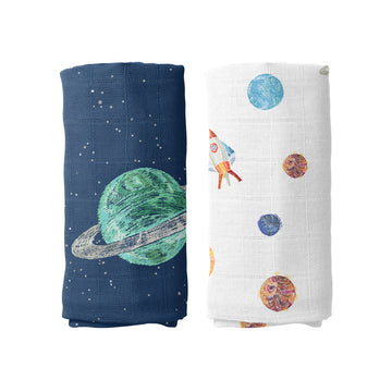 Space Planet %100 Organik Pamuk Müslin Örtü Seti (90x90 cm 2'li)