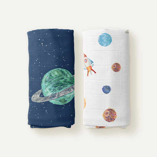 Space Planet %100 Organik Pamuk Müslin Örtü Seti (90x90 cm 2'li)