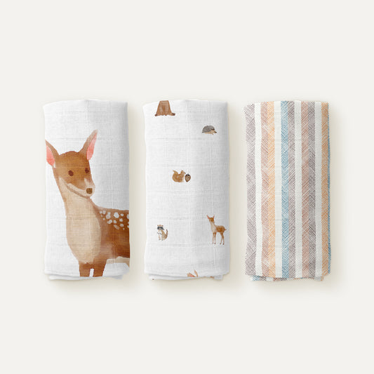 Forest Amigos %100 Organik Pamuk Müslin Örtü Seti (70x70 cm 3'lü)