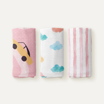 Happy Cars 100% Organic Cotton Muslin Blanket Set (70x70 cm, 3 Pieces)