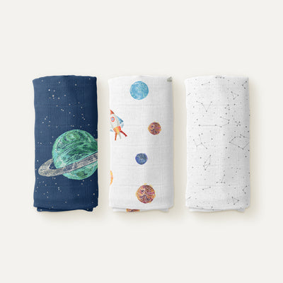 Space Planet %100 Organik Pamuk 3'lü Müslin Örtü Seti 70 x 70 cm