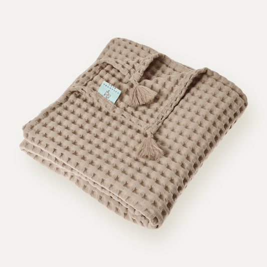 100% Organik Pamuk Tek Kişilik Waffle Pike Örtü - Bej - 160 x 220 cm