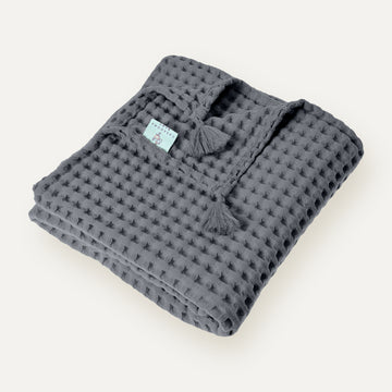 100% Organik Pamuk Tek Kişilik Waffle Pike Örtü - Koyu Gri - 160 x 220 cm