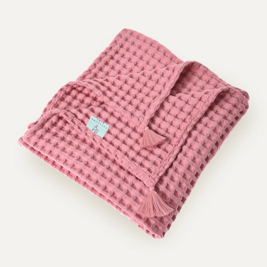 100% Organik Pamuk Bebek Waffle Pike Örtü - Pembe - 90 x 120 cm